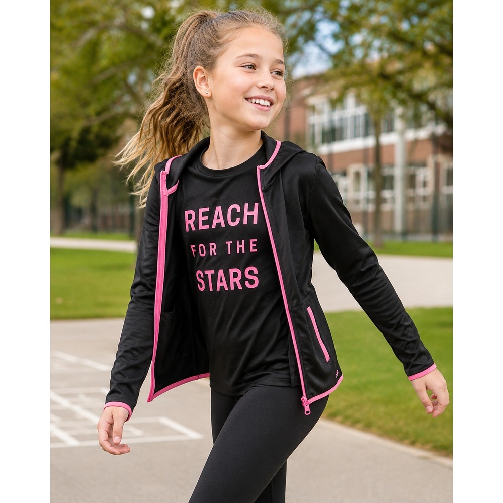 Justice Girls Hoodie Size 12 Black Pink Athletic Zip Up Jacket
